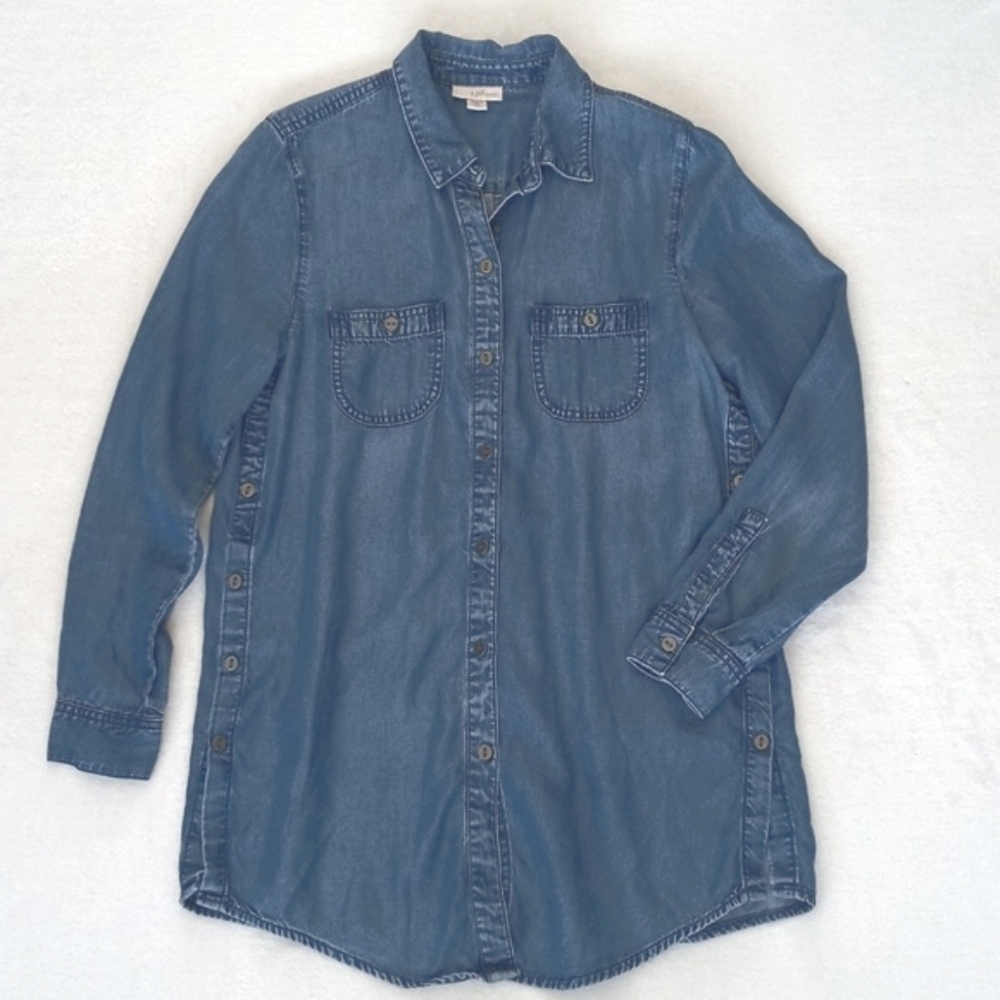 J. Jill Chambray Denim Lyocell Long Sleeve Button Down/ Side Boyfriend Shirt XSP - Picture 4 of 15